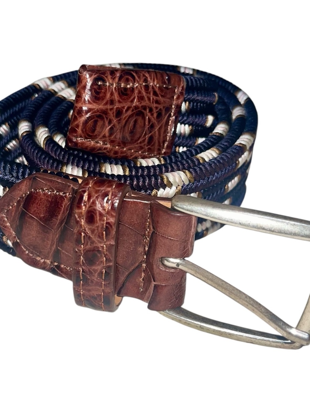 Italian Woven Navy Stretch Belt with Genuine Alligator/Crocodile Leather Trim